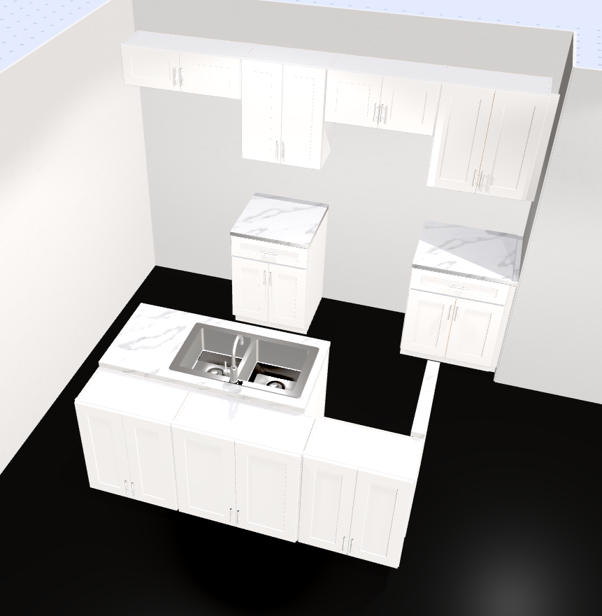 3D design mockup of a compact white shaker kitchen elevation with wall and base cabinets